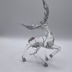 Vintage Acrylic Reindeer Deer Ornament Figurine Silver Glitter Antlers Christmas
